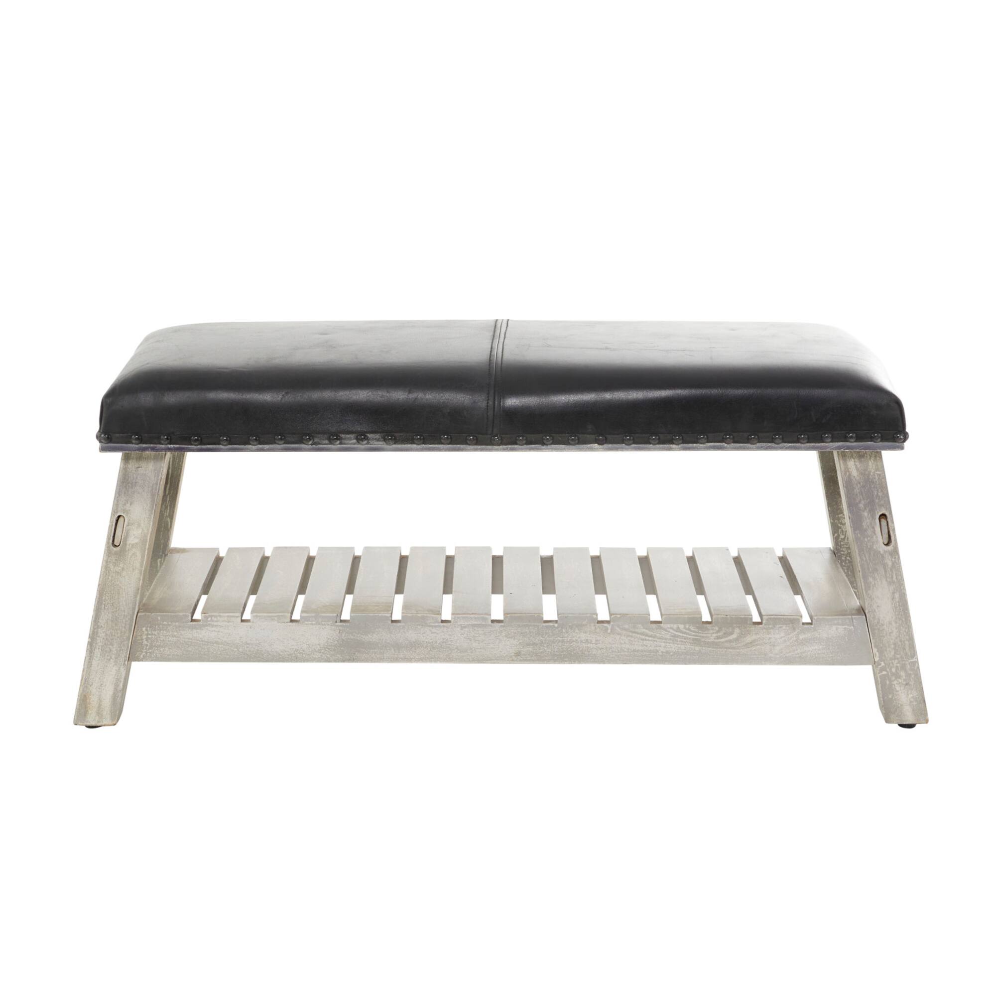 42" Black Wood Bench With Lower Shelf